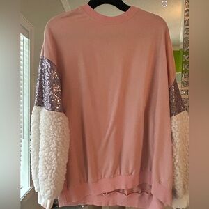 Pink Sweater with Sequin and Sherpa Sleeves